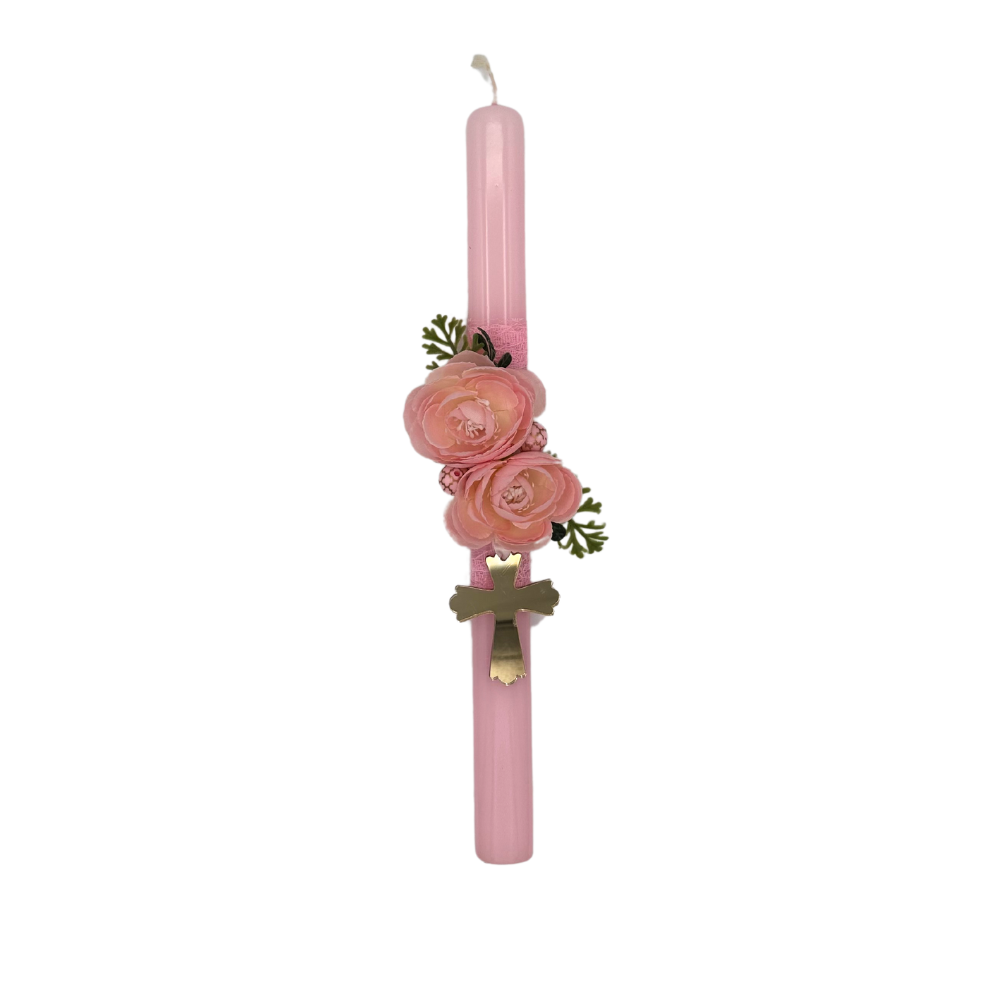 Lambada Easter Greek Candles Handmade Blush Florals with Gold Plexiglass Cross