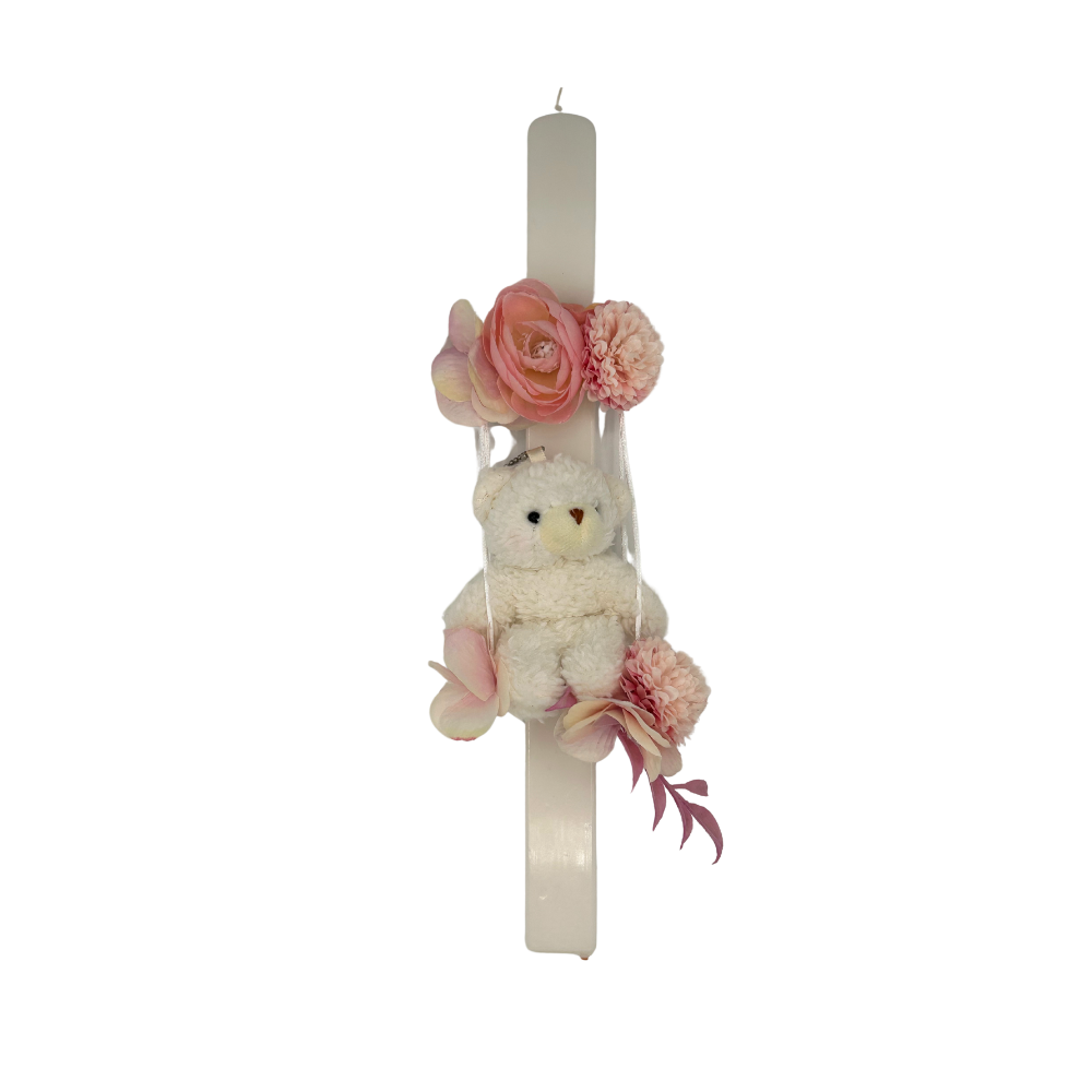 Lambada Easter Greek Candles Handmade Teddy Bear on Swing with Blush Flowers