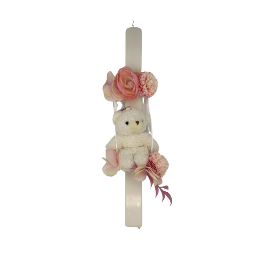 Lambada Easter Greek Candles Handmade Teddy Bear on Swing with Blush Flowers