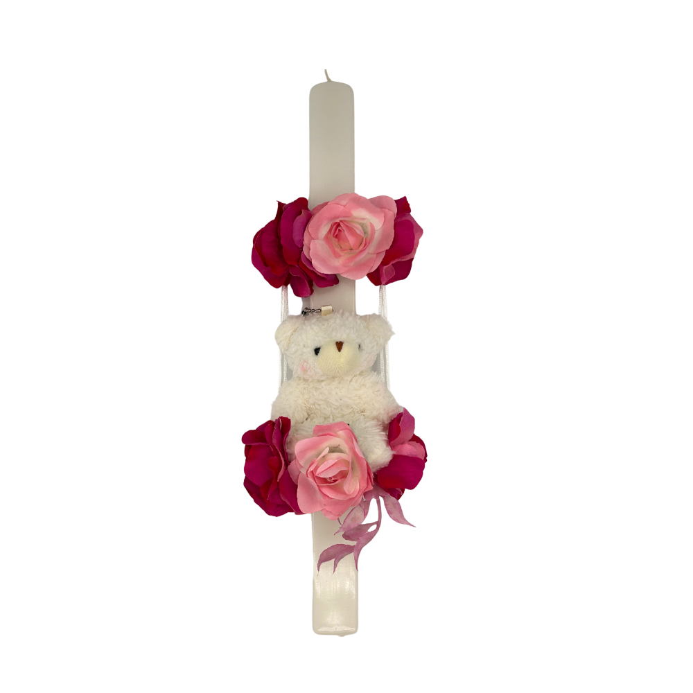 Lambada Easter Greek Candles Handmade Teddy Bear on Swing with Bright Florals